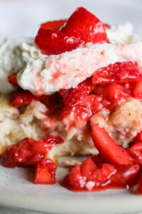 This image shows an a front view look at the strawberry shortcake casserole bake.