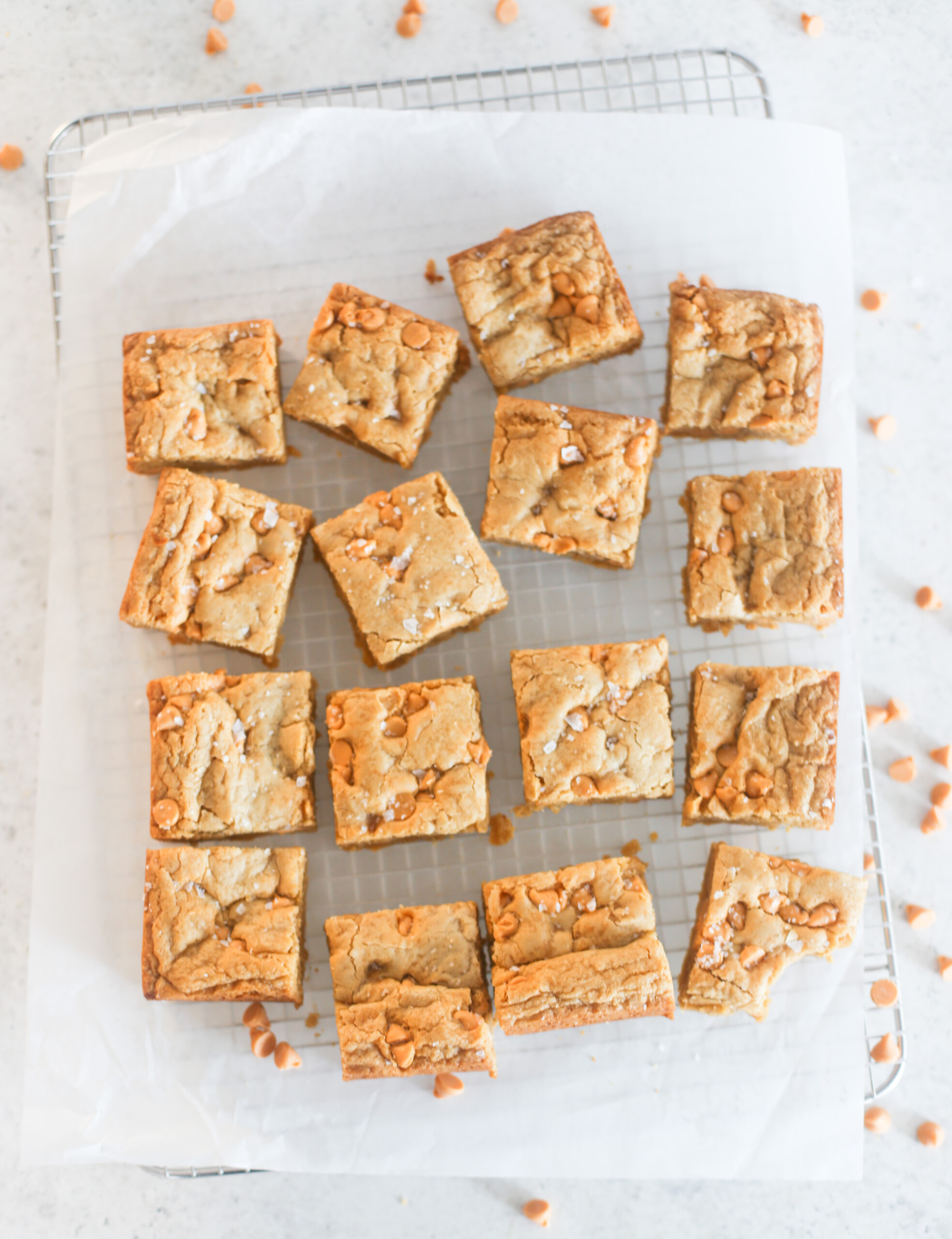 Overhead view of butterscotch bars showing them cut.