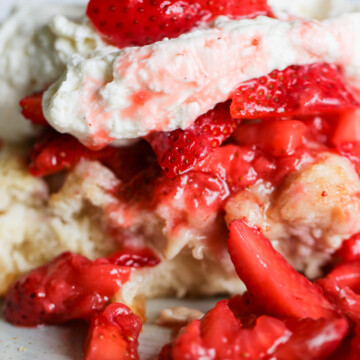 This image shows an a front view look at the strawberry shortcake casserole bake.