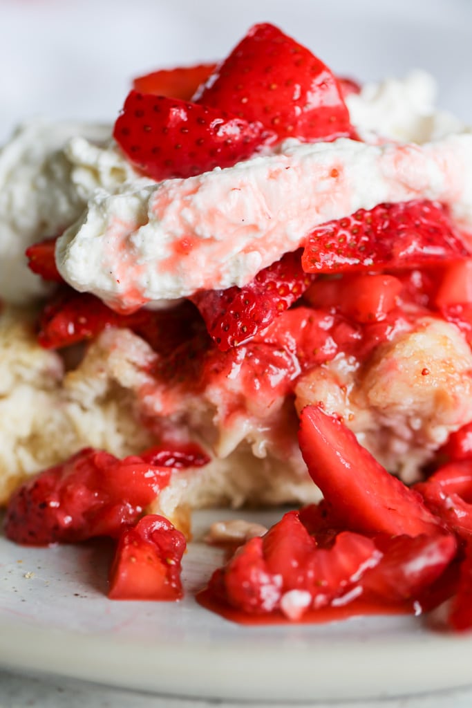 This image shows an a front view look at the strawberry shortcake casserole bake.