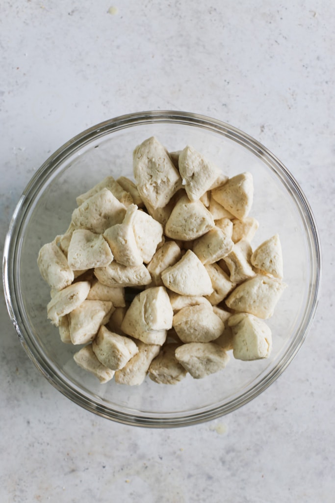 This image shows an overhead look at cut-up biscuits.